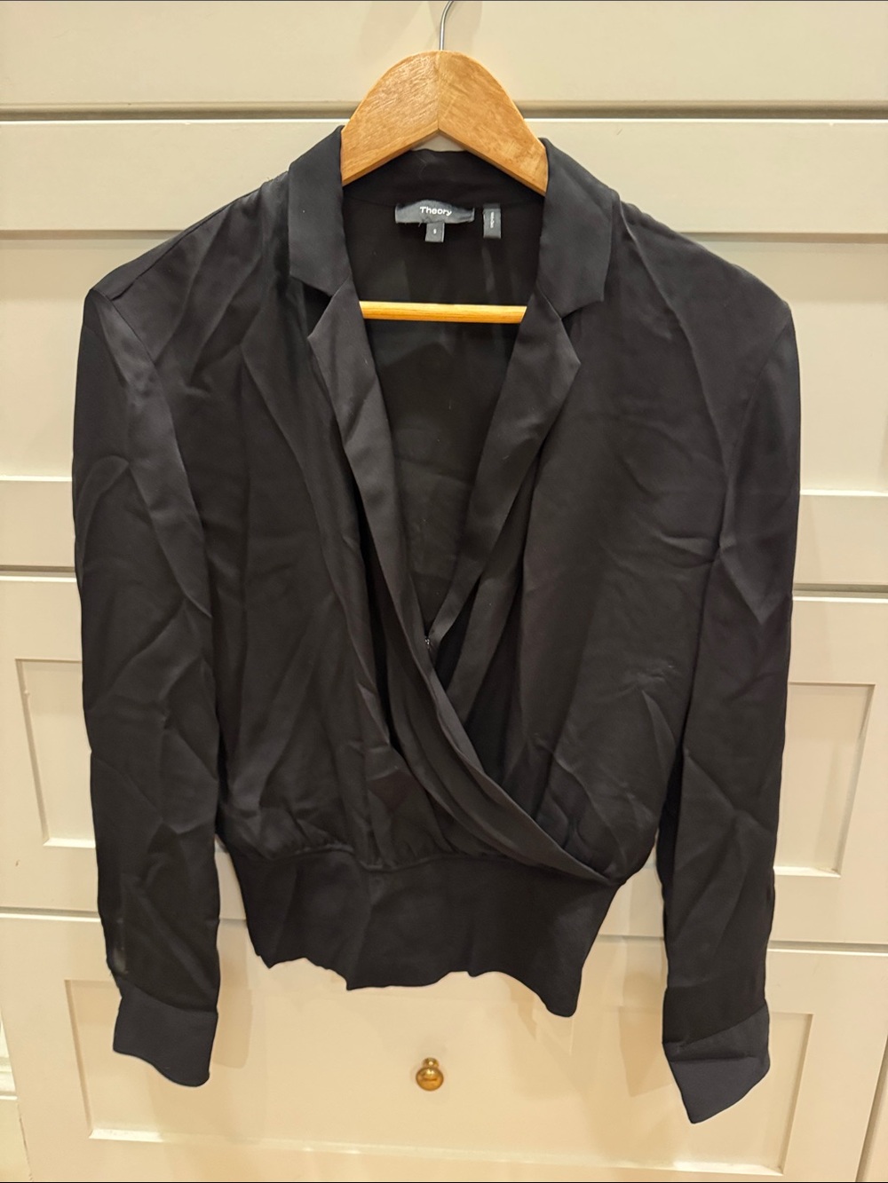 Theory Black Draped Surplice Blouse - Women's Top